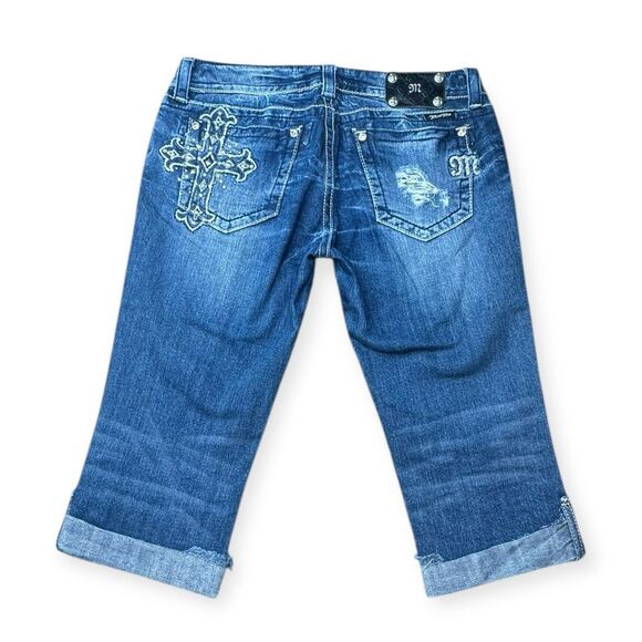 MISS ME Women’s Medium Blue Wash Bling Embellished Distressed Capri Crop Jeans S - Picture 2 of 6
